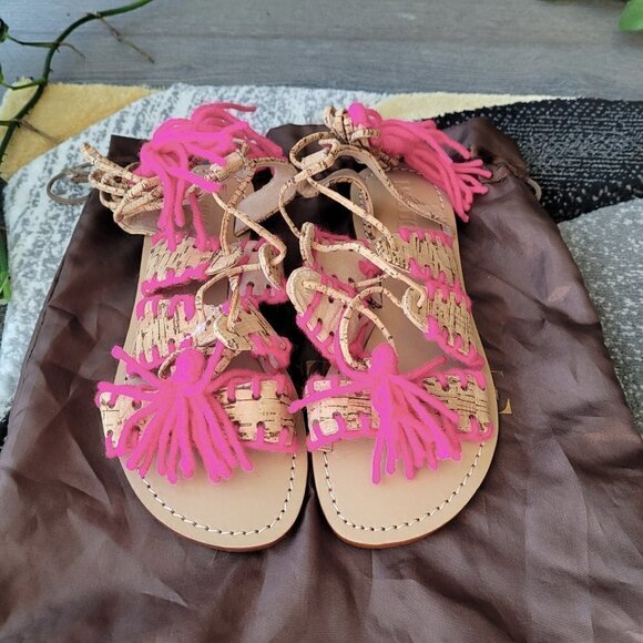 NWT Mystique Gladiator Cork Fuchsia Boho Chic Leather Footbed Wrap Sandals - Picture 5 of 8
